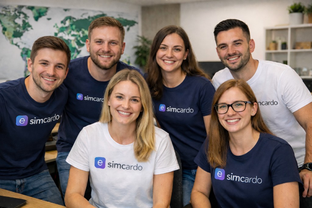 Simcardo ٹیم کمپنی کی ٹی شرٹس میں Simcardo لوگو کے ساتھ