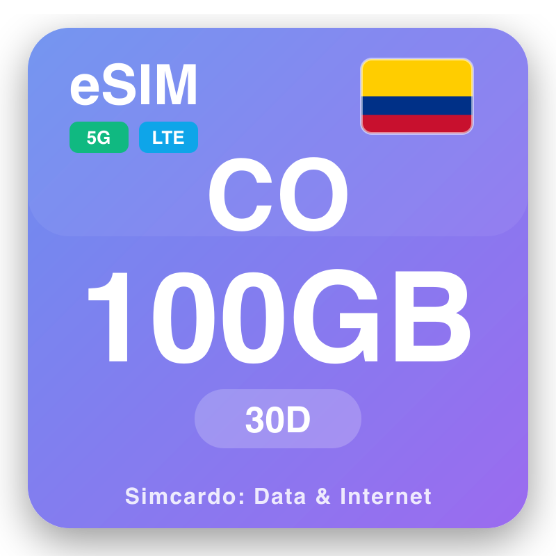 eSIM Koloombiya 100 GB muddo 30 maalmo