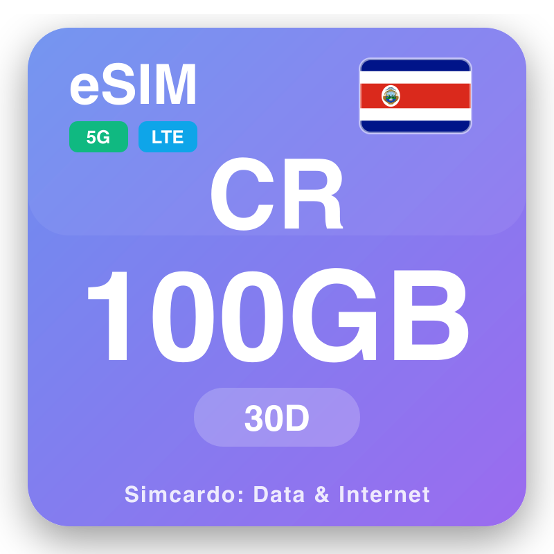eSIM Kostaríka 100 GB fyrir 30 dagar