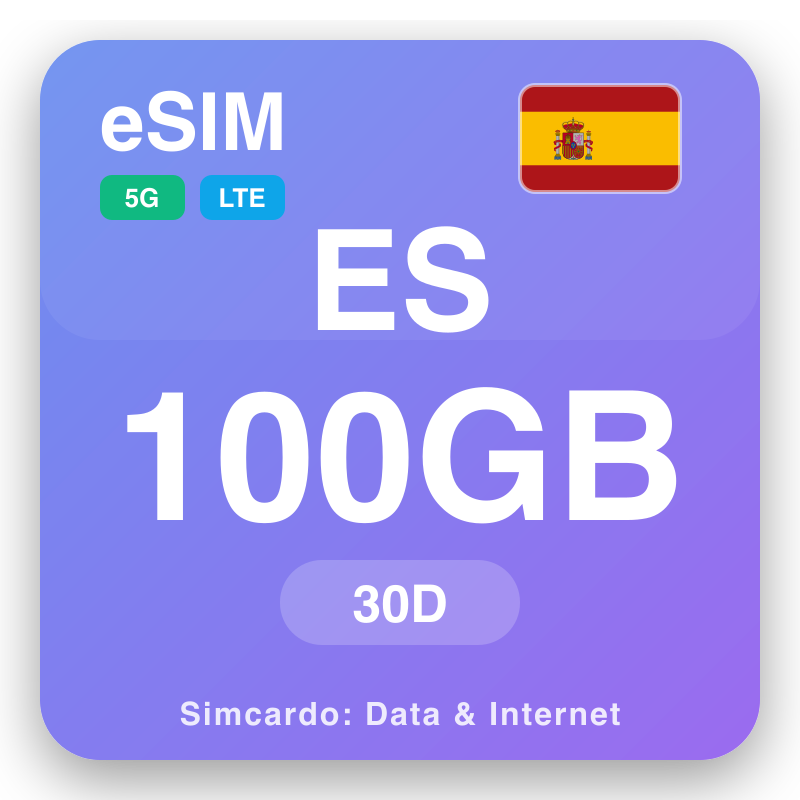 eSIM Sepanyol 100 GB kanggo 30 dina