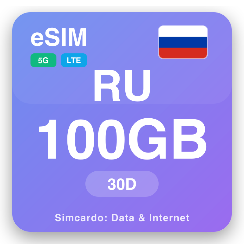 eSIM Rwsia 100 GB am 30 diwrnodau