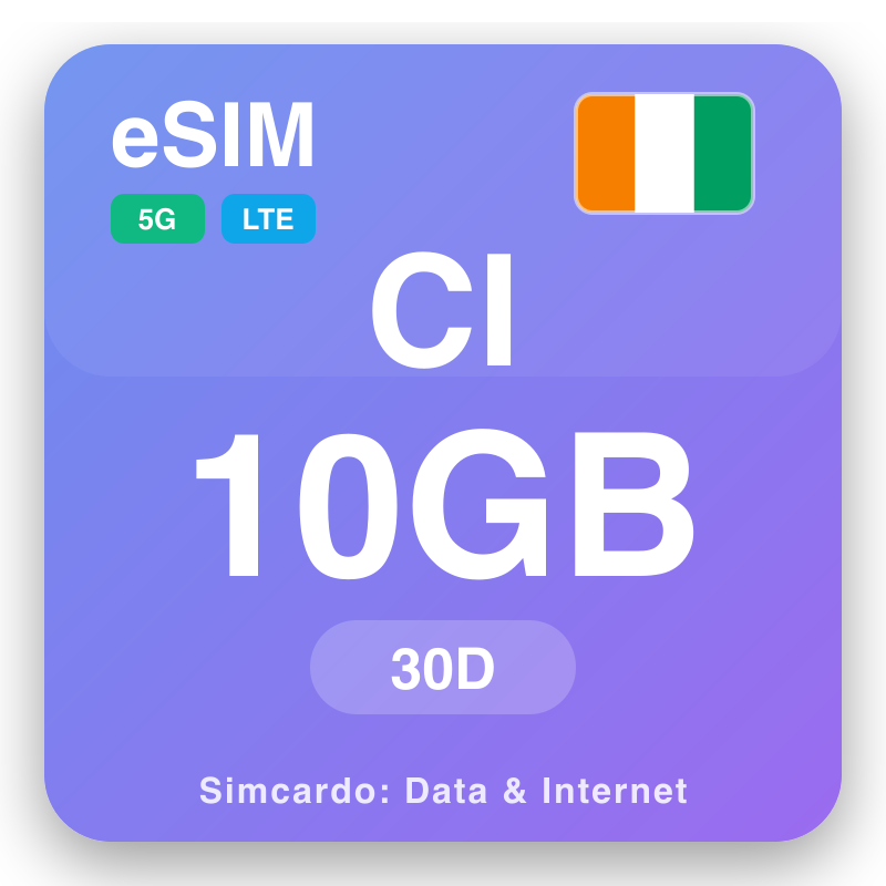 eSIM Côte d’Ivoire 10 GB mo le 30 aso