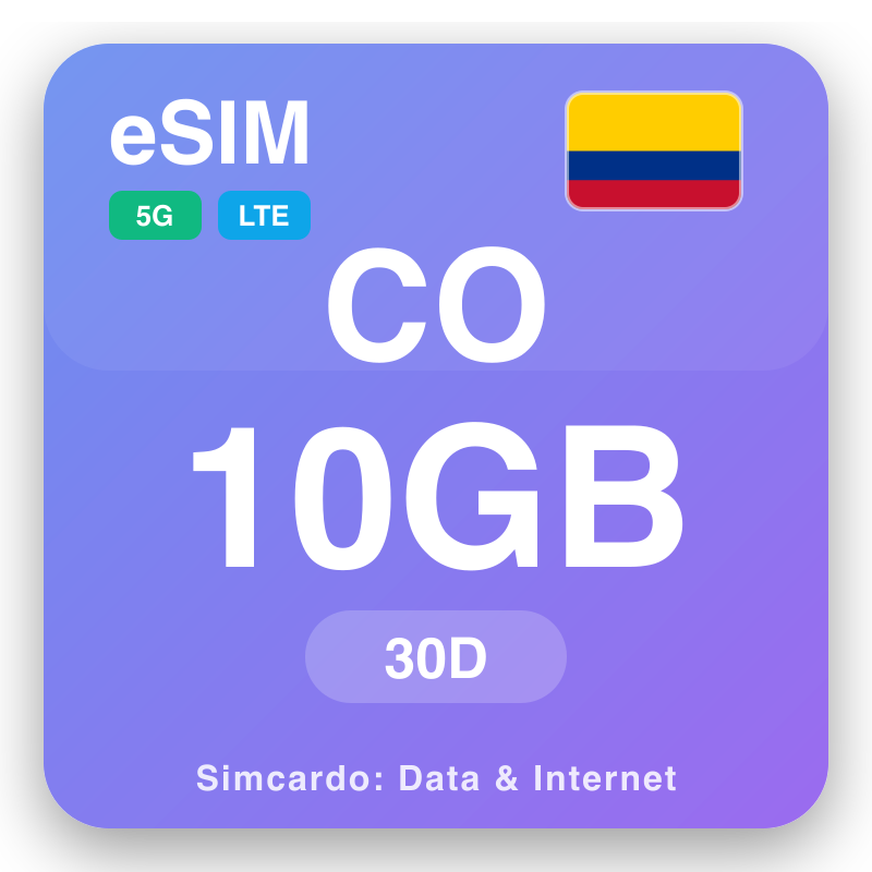 eSIM Kolombia 10 GB kwa 30 siku