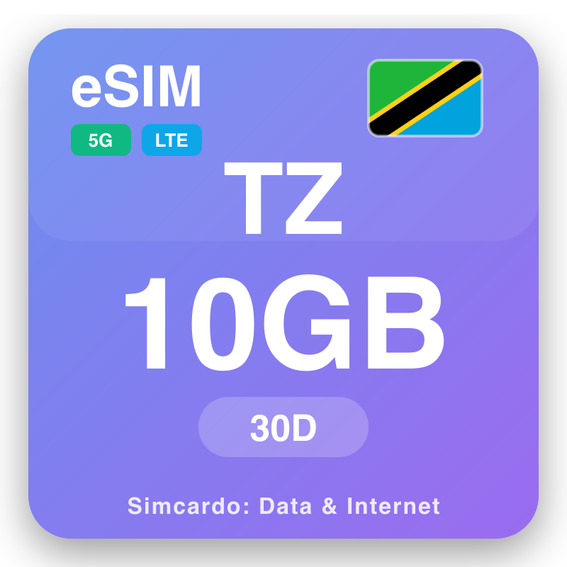 eSIM Tàǹsáníà 10 GB fun 30 ọjọ