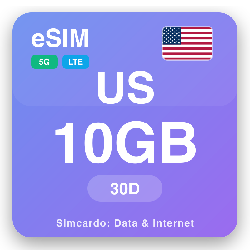 eSIM Stáit Aontaithe Mheiriceá 10 GB do 30 laethanta