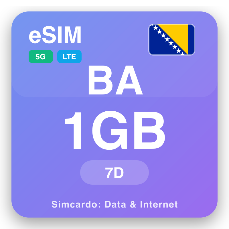 eSIM Bọ̀síníà àti Ẹtisẹgófínà 1 GB fun 7 ọjọ