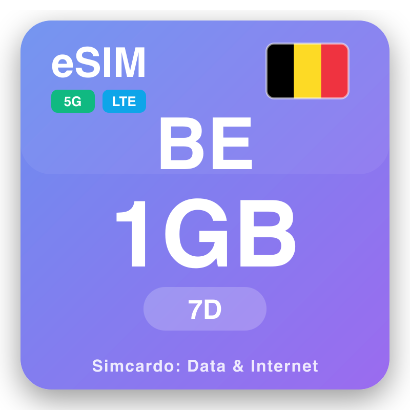 eSIM Gwlad Belg 1 GB am 7 diwrnodau