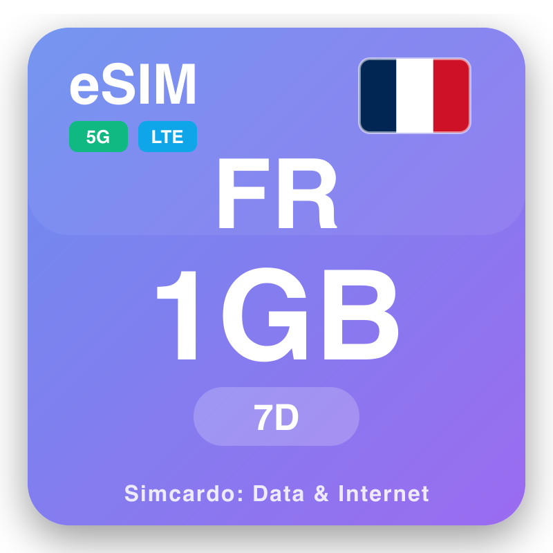 eSIM an Fhrainc 1 GB do 7 laethanta