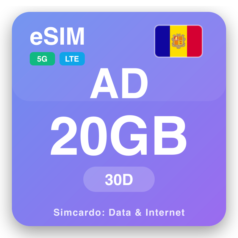 eSIM Andóra 20 GB do 30 laethanta