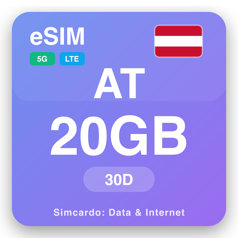 eSIM Austria 20 GB pou 30 jou