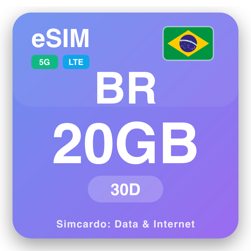 eSIM Brasil 20 GB kanggo 30 dina