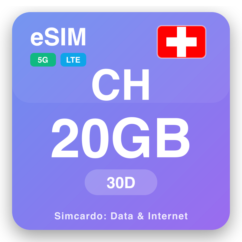 eSIM Switserlan 20 GB kanggo 30 dina