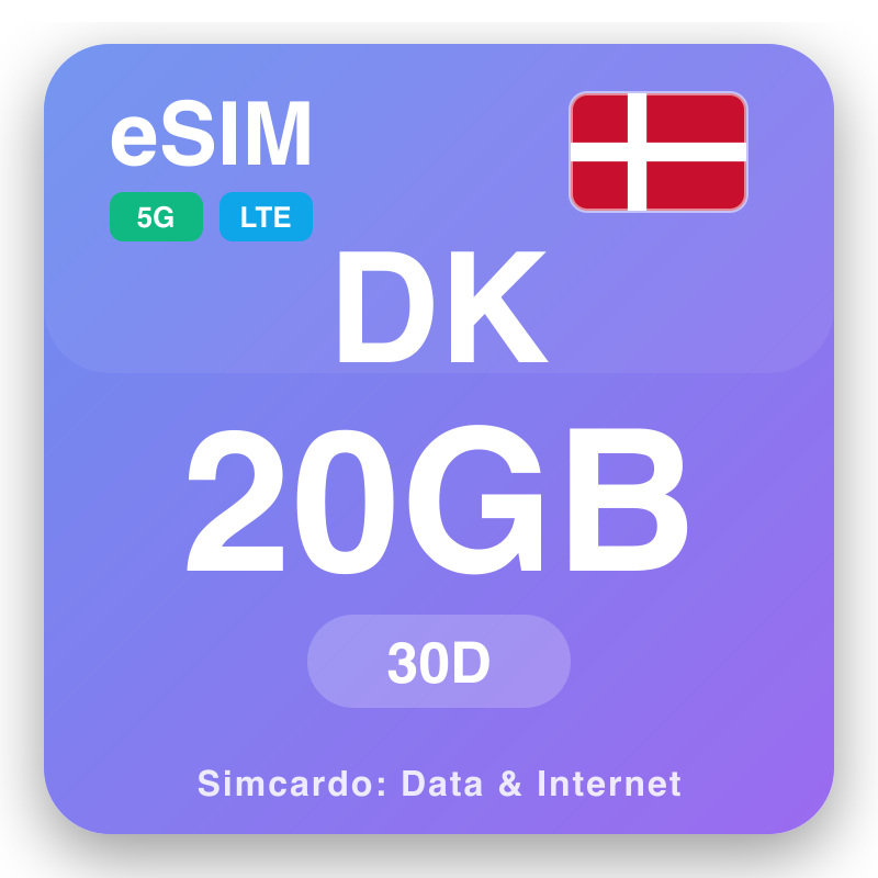 eSIM Dhènemarken 20 GB kanggo 30 dina