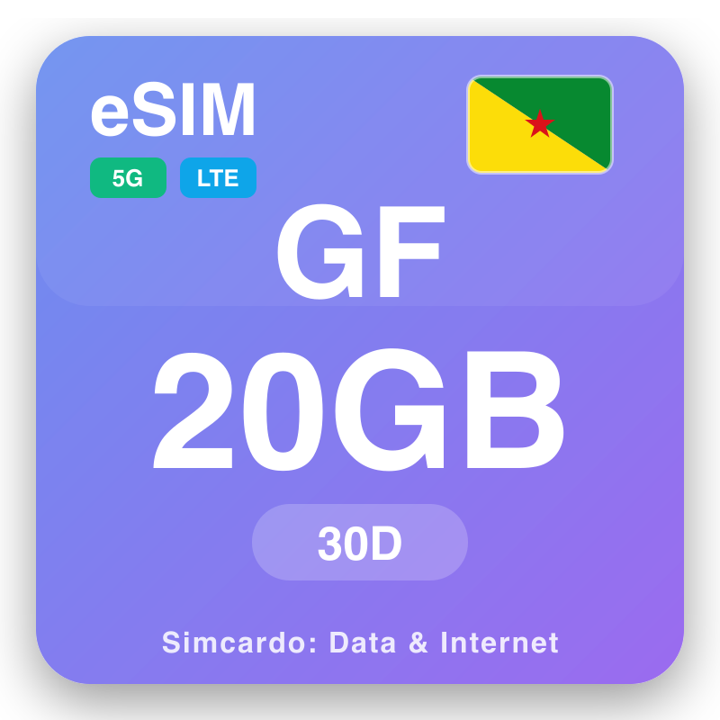 eSIM Guyana Prancis 20 GB untuk 30 hari