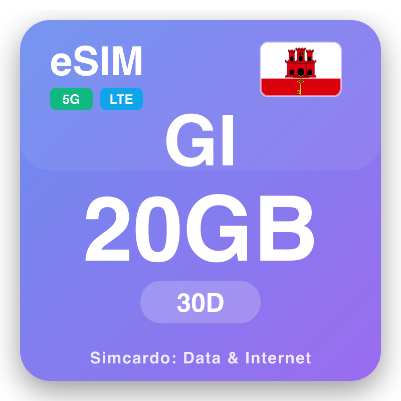 eSIM i-Gibraltar 20 GB ngokwe 30 izinsuku