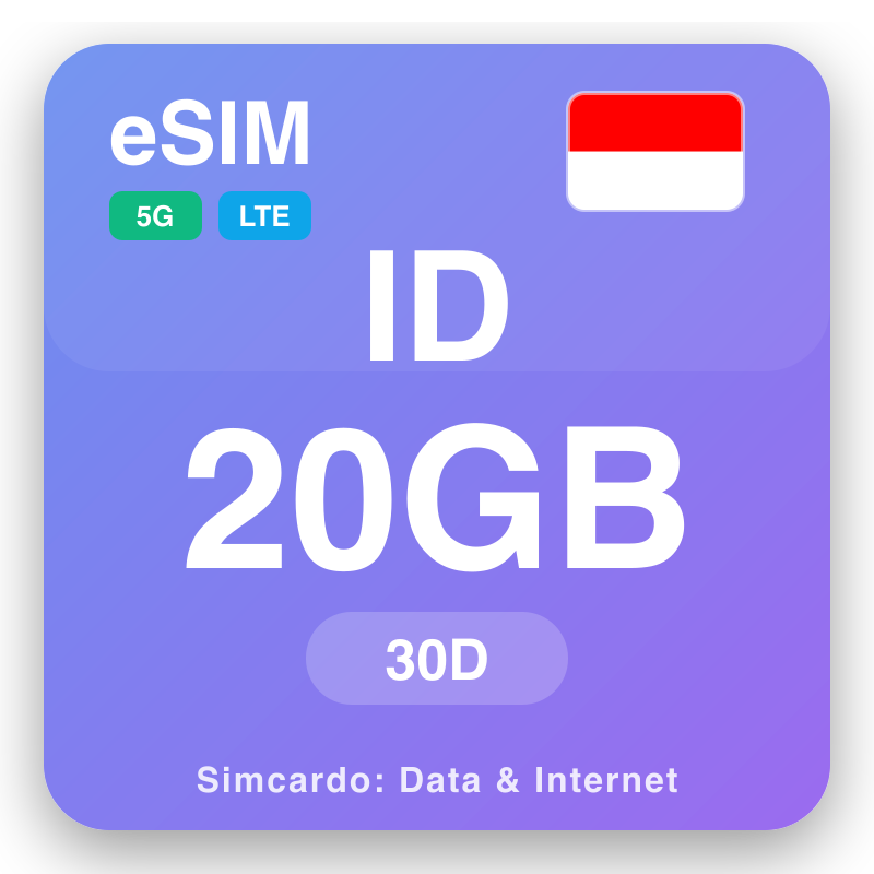eSIM l-Indoneżja 20 GB għal 30 ġimgħat