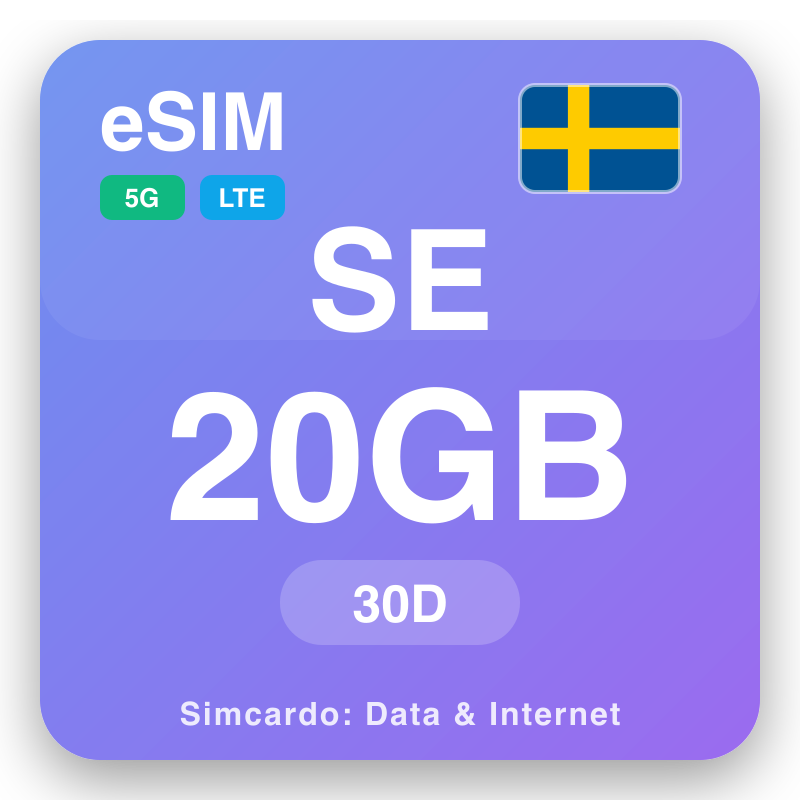 eSIM Svíþjóð 20 GB fyrir 30 dagar