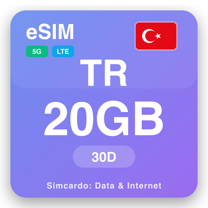 eSIM Turki 20 GB kanggo 30 dina