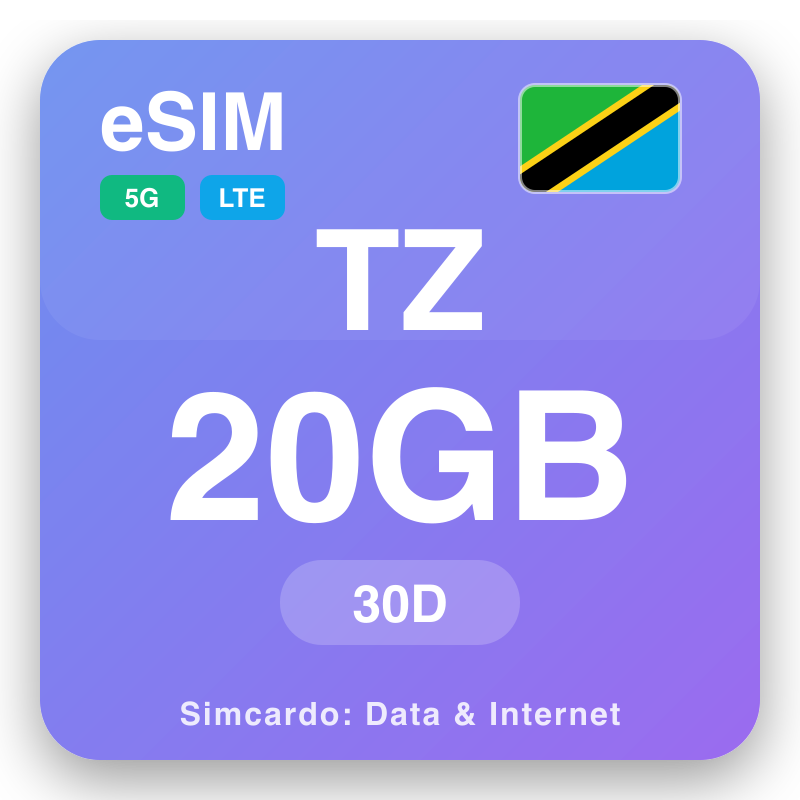 eSIM Tansaaniya 20 GB muddo 30 maalmo