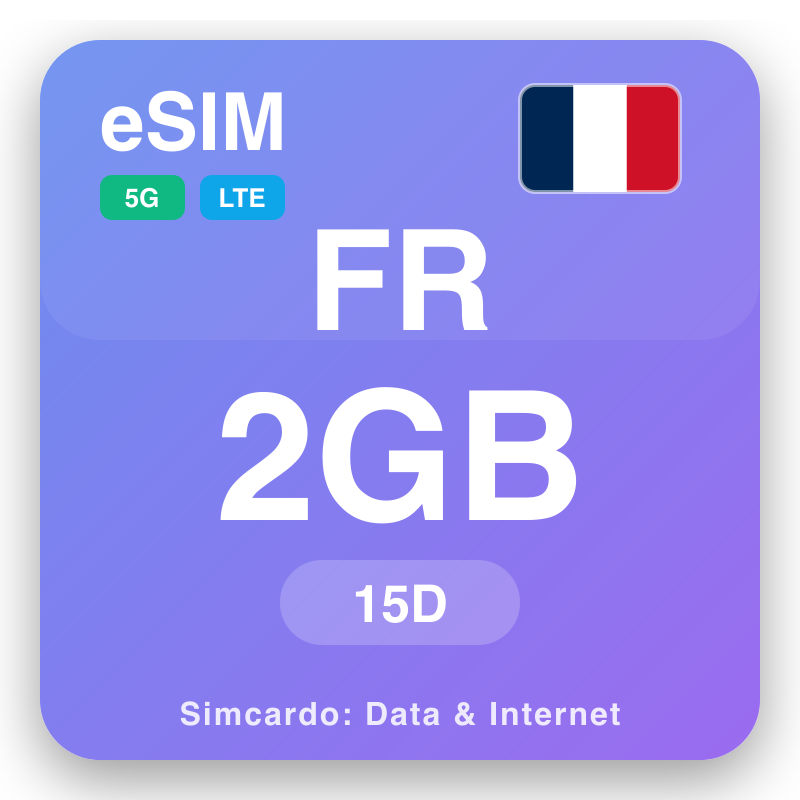 eSIM an Fhrainc 2 GB do 15 laethanta