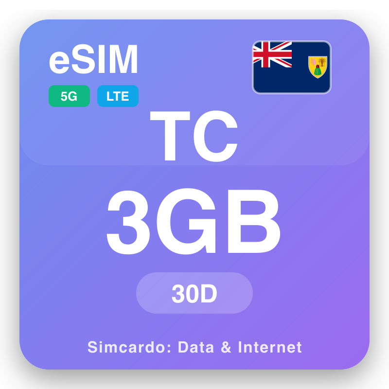 eSIM Turks- ja Caicossaaret 3 GB kestää 30 päivää