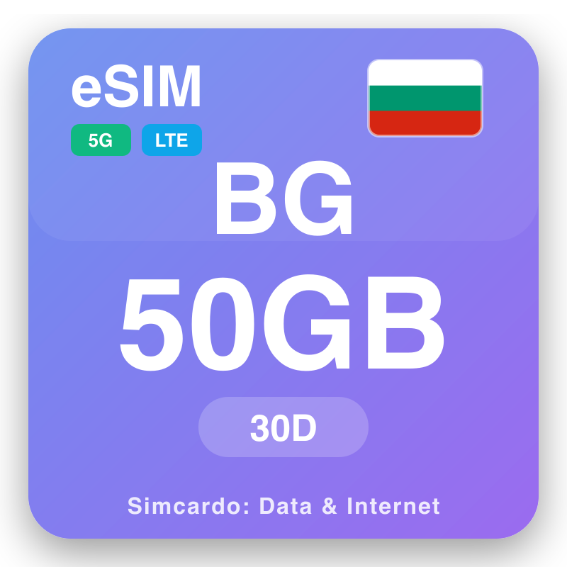 eSIM Búlgaría 50 GB fyrir 30 dagar