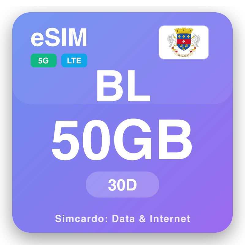 eSIM Sankti Bartólómeusareyjar 50 GB fyrir 30 dagar