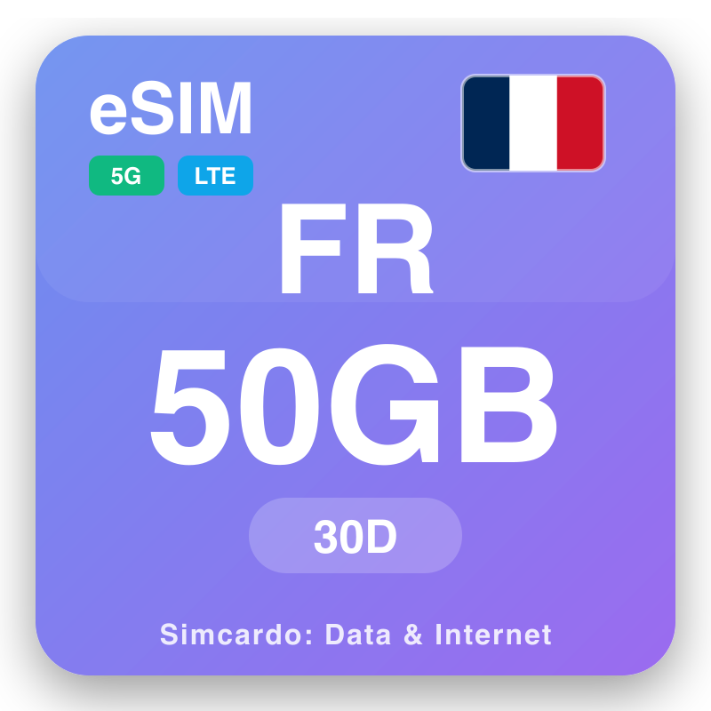 eSIM Frakkland 50 GB fyrir 30 dagar