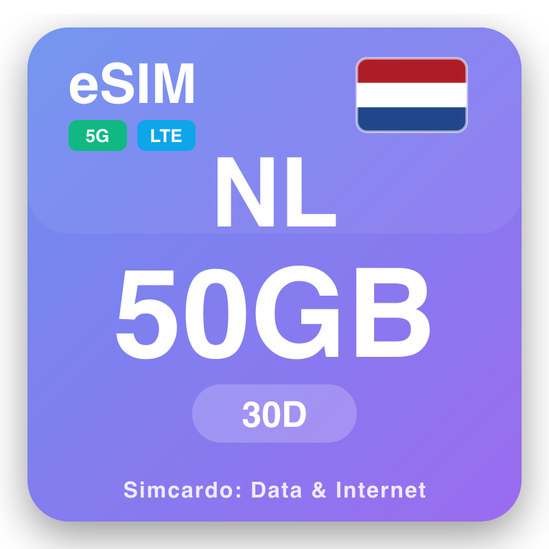 eSIM an Ísiltír 50 GB do 30 laethanta