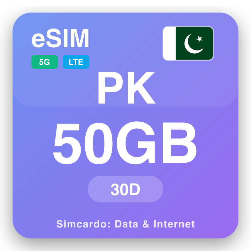eSIM Pakistan 50 GB ji bo 30 dagen
