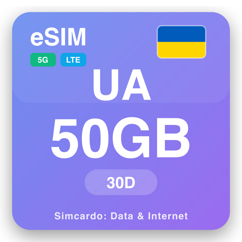 eSIM An Ucràin 50 GB air 30 làithean
