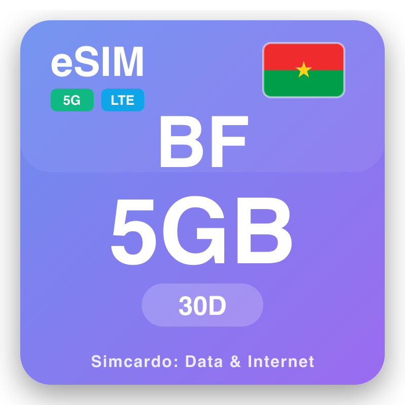 eSIM Buirciona Faso 5 GB air 30 làithean