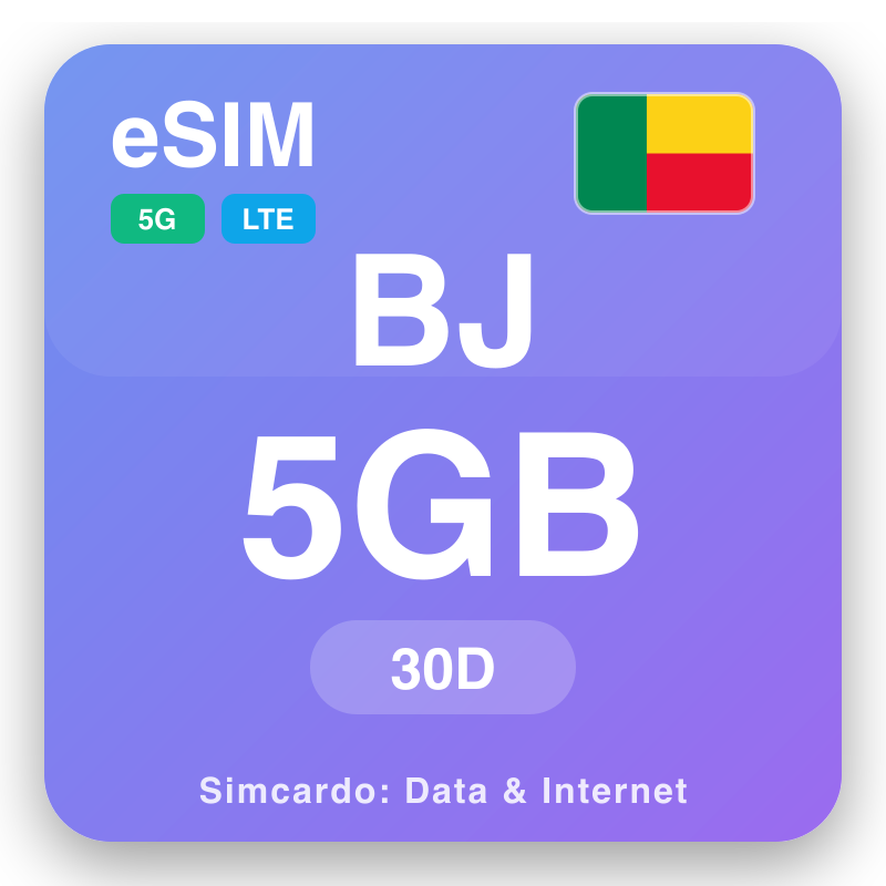 eSIM Bẹ̀nẹ̀ 5 GB fun 30 ọjọ