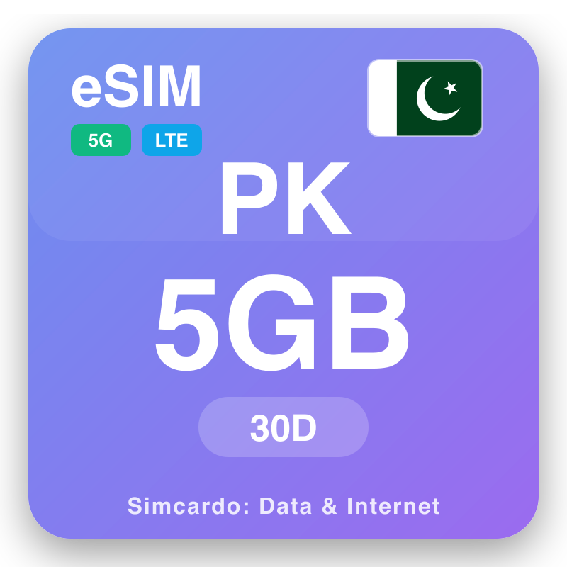 eSIM PK 5 GB no ka 30 mau lā