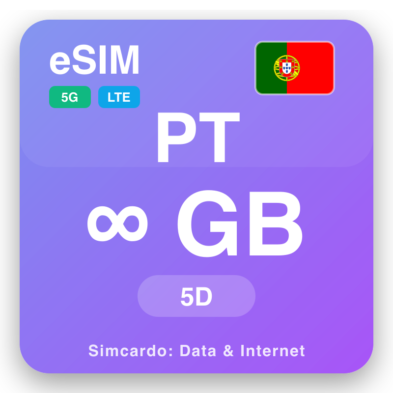 eSIM Portiwgal Unlimited am 5 diwrnodau