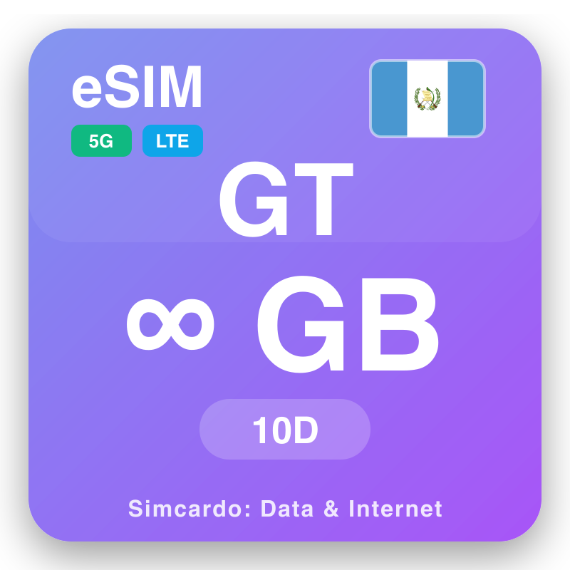eSIM ഗ്വാട്ടിമാല Unlimited 10 ദിവസങ്ങൾ ക്കായി