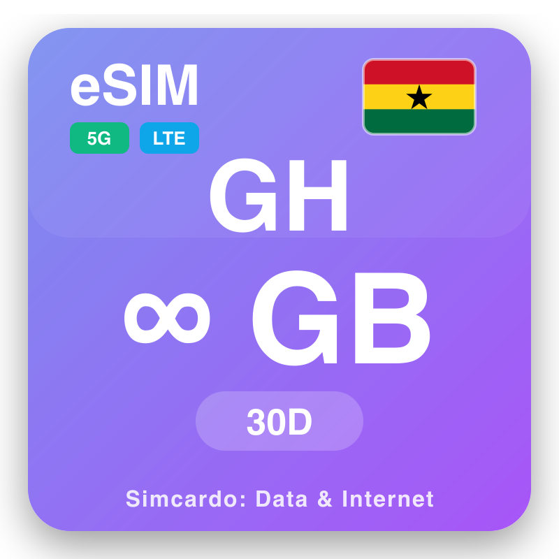eSIM Ghana Unlimited kanggo 30 dina