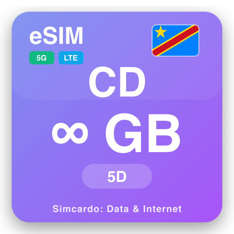 eSIM ಕಾಂಗೋ - ಕಿನ್ಶಾಸಾ Unlimited 5 ದಿನಗಳು ಗೆ